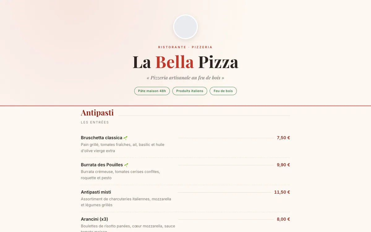 Aperçu du site Pizzeria Menu