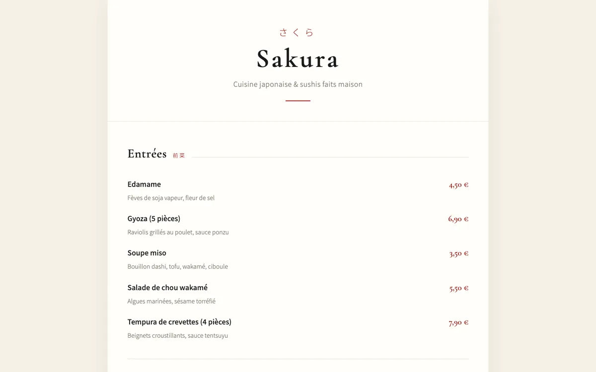 Aperçu du site Sushi Menu